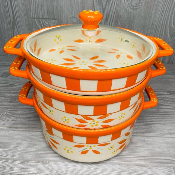 Temp-tations Tara old world floral stacking bowls pans lid 1qt 2qt 3 qt broken - Picture 2 of 9